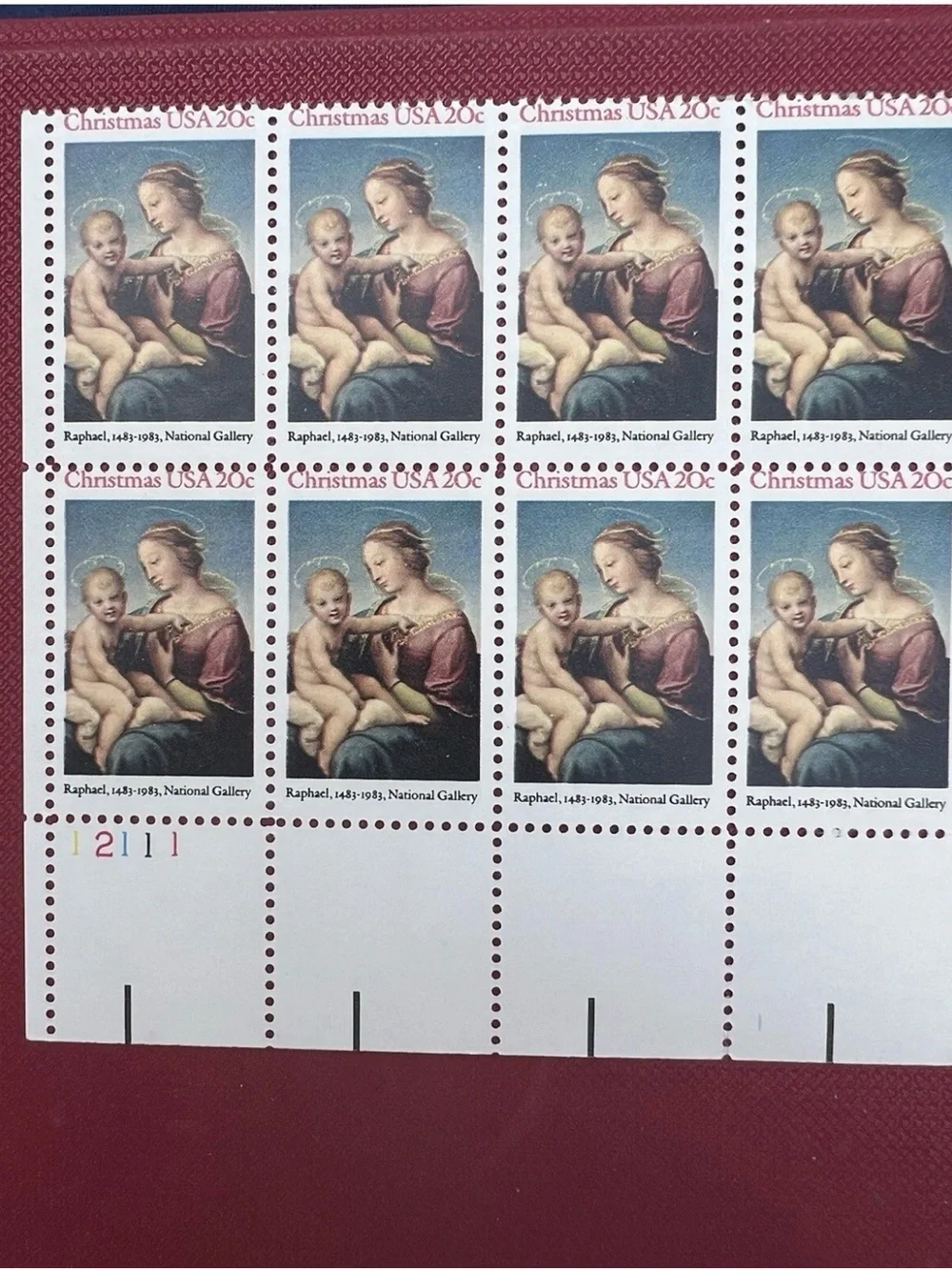 USA 20c Stamps Christmas Raphael Scott 1483 Plate Block of 8